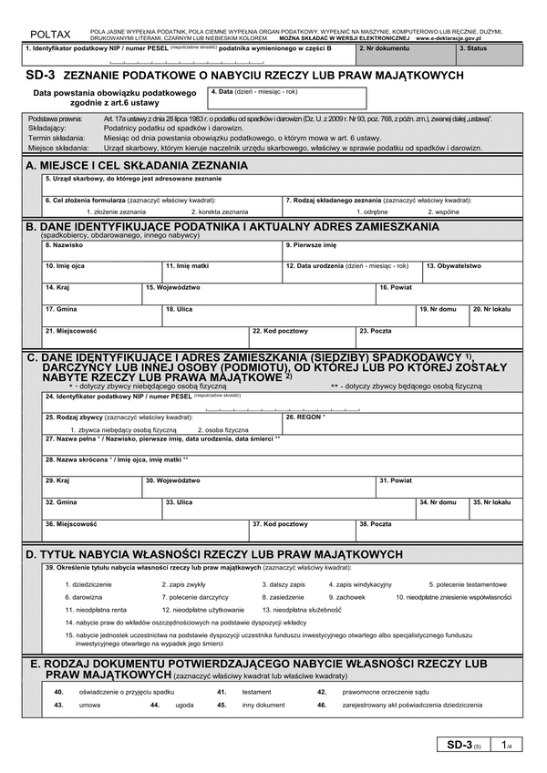 SD-3 (5) (od IX 2014) (archiwalny) Zeznanie podatkowe o nabyciu rzeczy lub praw majątkowych