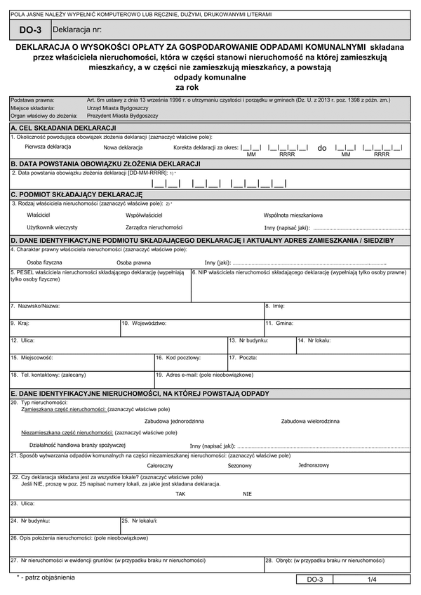 DO-3 B (2) (archiwalny) Deklaracja o wysokości opłaty za gospodarowanie odpadami komunalnymi składana przez właściciela nieruchomości, która w części stanowi nieruchomość zamieszkałą, a w części nieruchomość niezamieszkałą - Bydgoszcz