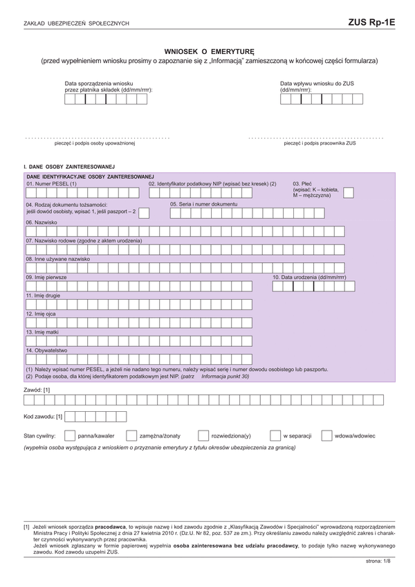 ZUS RP-1E (archiwalny) Wniosek o emeryturę