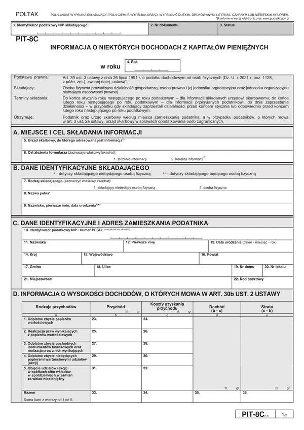 PIT-8C (11) (archiwalny) (2023) Informacja o niektórych dochodach z kapitałów pieniężnych (PIT-8C / PIT-8CZ) 