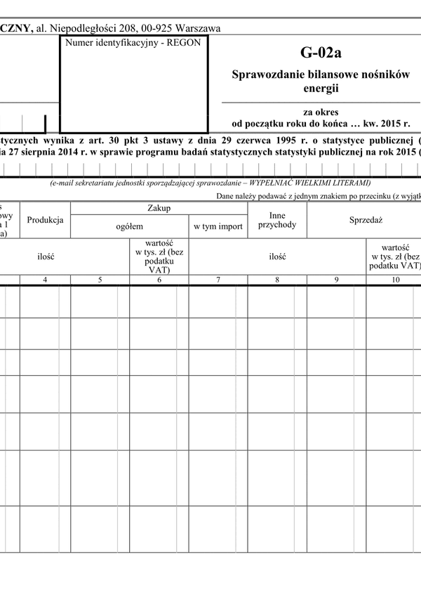 GUS G-02a (archiwalny) (2015) Sprawozdanie bilansowe nośników energii 