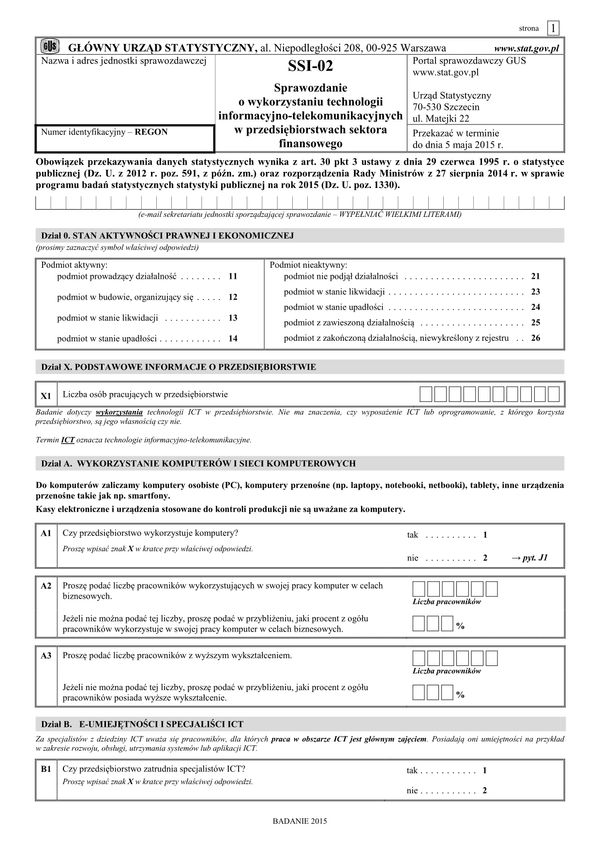 GUS SSI-02 (archiwalny) Sprawozdanie o wykorzystaniu technologii informacyjno-telekomunikacyjnych w przedsiębiorstwach sektora finansowego