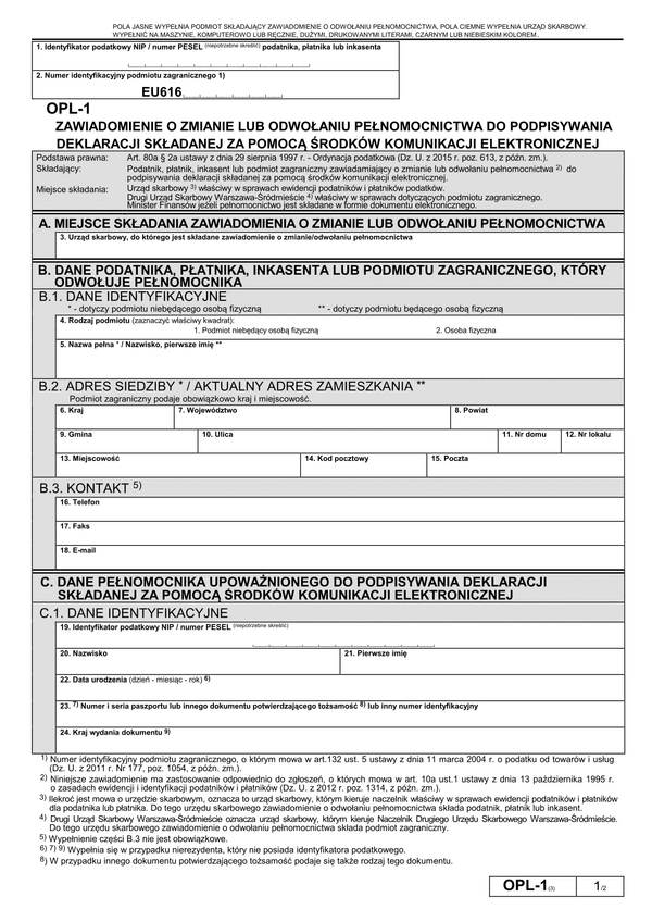 OPL-1 (3) (archiwalny) (od 2016) Zawiadomienie o odwołaniu pełnomocnictwa do podpisywania deklaracji składanej za pomocą środków komunikacji elektronicznej