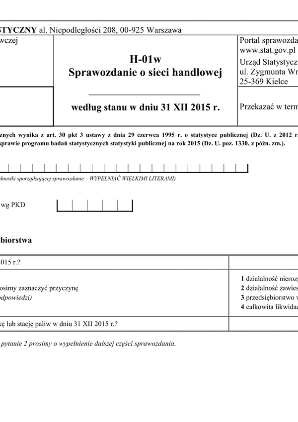 GUS H-01w (2015) (archiwalny) Sprawozdanie o sieci handlowej według stanu w dniu 31 XII 2015 r.