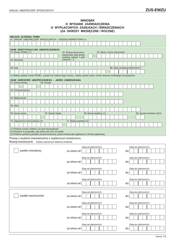 ZUS-EWZU (archiwalny) Wniosek o wydanie zaświadczenia o wypłaconych zasiłkach / świadczeniach