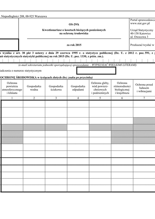 GUS OS-29/k (2015) (archiwalny) Kwestionariusz o kosztach bieżących poniesionych na ochronę środowiska za rok 2015