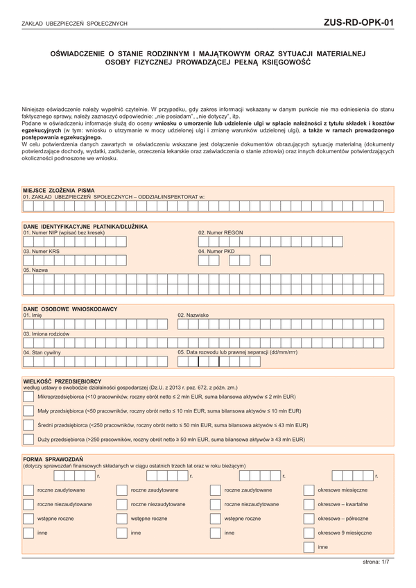 ZUS-RD-OPK-01 (archiwalny) Oświadczenie o stanie rodzinnym i majątkowym oraz sytuacji materialnej osoby fizycznej prowadzącej pełną księgowość