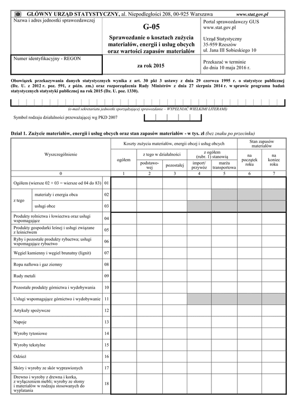 GUS G-05 (archiwalny) Sprawozdanie o kosztach zużycia materiałów, energii i usług obcych oraz wartości zapasów materiałów za rok 2015