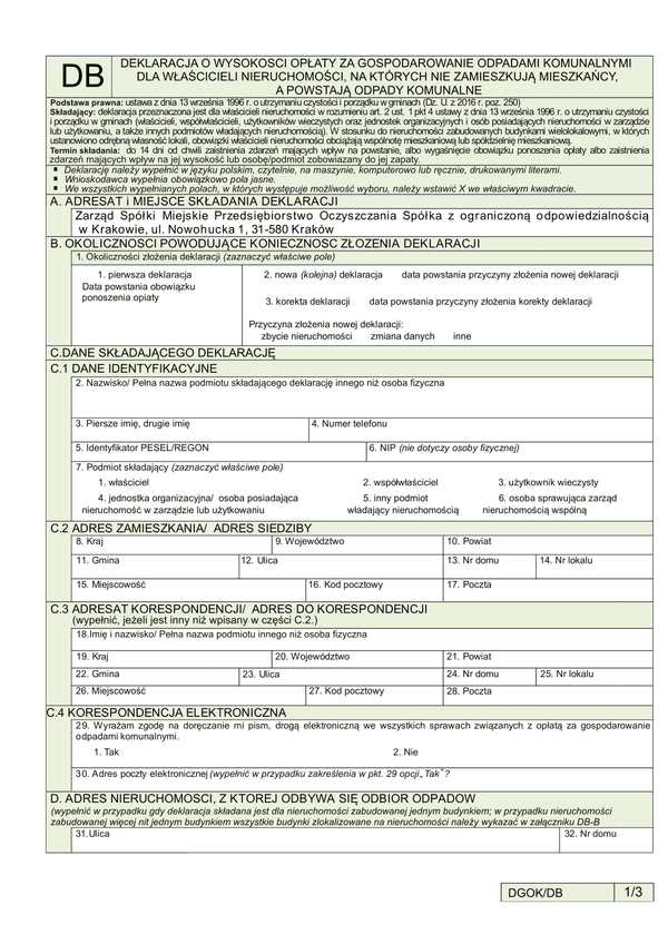 DB (archiwalny) Deklaracja o wysokości opłaty za gospodarowanie odpadami komunalnymi dla właścicieli nieruchomości, na których nie zamieszkują mieszkańcy, a powstają odpady komunalne Kraków