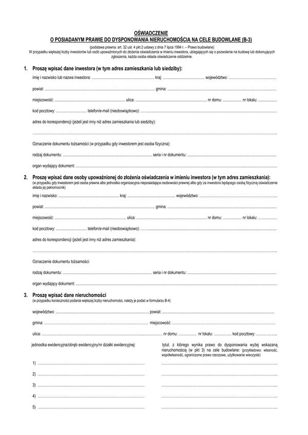 B-3 (archiwalny) Oświadczenie o posiadanym prawie do dysponowania nieruchomością na cele budowlane (B-3)