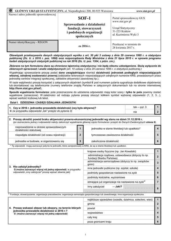 GUS SOF-1 (archiwalny) (2016) Sprawozdanie z działalności fundacji, stowarzyszeń i podobnych organizacji społecznych za rok 2016