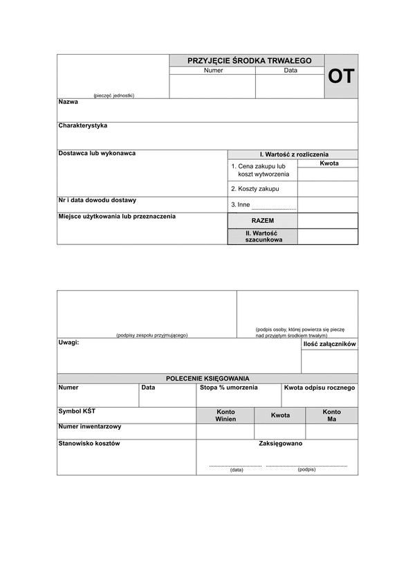 OT Przyjęcie środka trwałego (druk jednostronicowy)