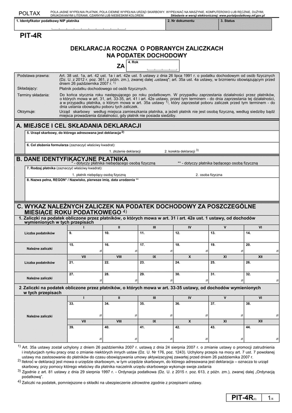 PIT-4R (6) (archiwalny) (2017) Deklaracja roczna o pobranych zaliczkach na podatek dochodowy 