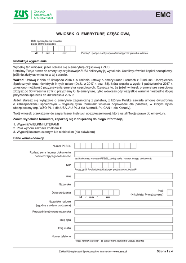 ZUS EMC (archiwalny) Wniosek o emeryturę częściową