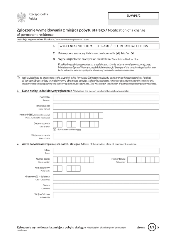 EL/WPS/2 (archiwalny) Zgłoszenie wymeldowania z miejsca pobytu stałego 
