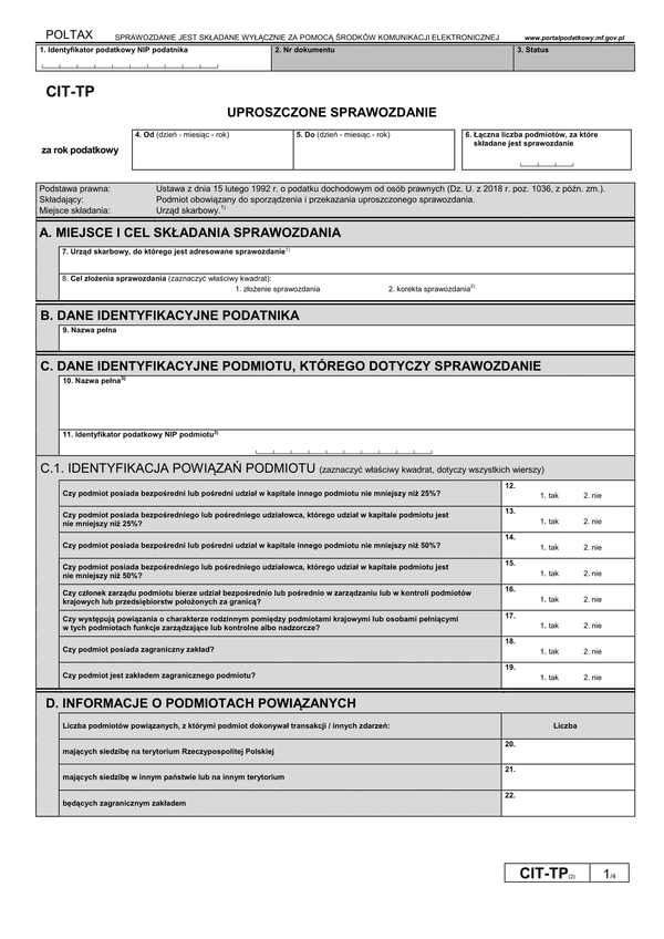 CIT-TP (archiwalny) Uproszczone sprawozdanie