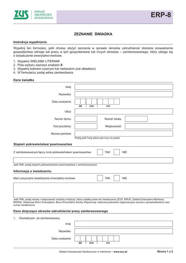 ZUS ERP-8  (archiwalny) Zeznanie świadka w sprawie emerytalno-rentowej 