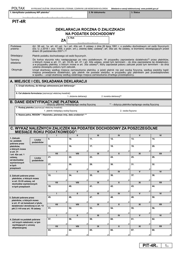 PIT-4R (8) (archiwalny) (2018) Deklaracja roczna o pobranych zaliczkach na podatek dochodowy (stosuje się dla przychodów, dochodów/strat uzyskanych/poniesionych od dnia 1 stycznia 2018 r.)
