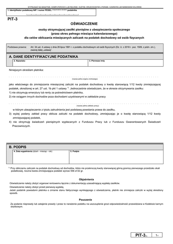 PIT-3 (5) (archiwalny) (2019) Oświadczenie osoby otrzymującej zasiłki pieniężne z ubezpieczenia społecznego (przez okres pełnego miesiąca kalendarzowego) dla celów obliczania miesięcznych zaliczek na podatek dochodowy od osób fizycznych 
