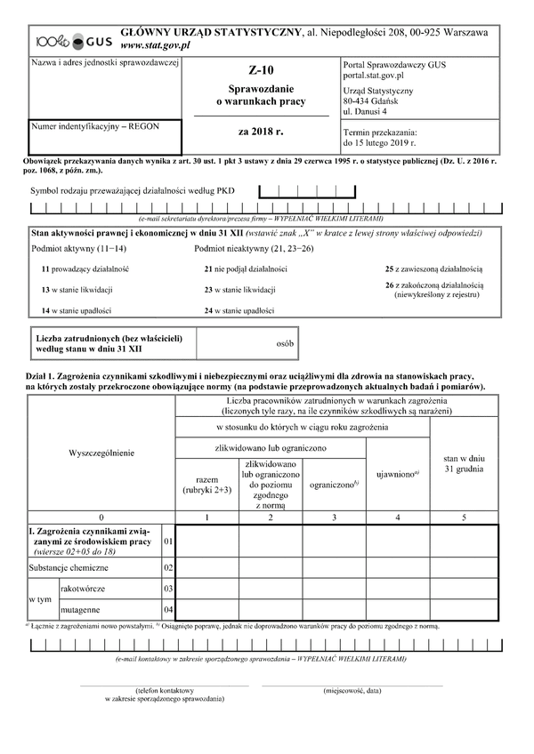 GUS Z-10 (2018) (archiwalny) Sprawozdanie o warunkach pracy za 2018 rok