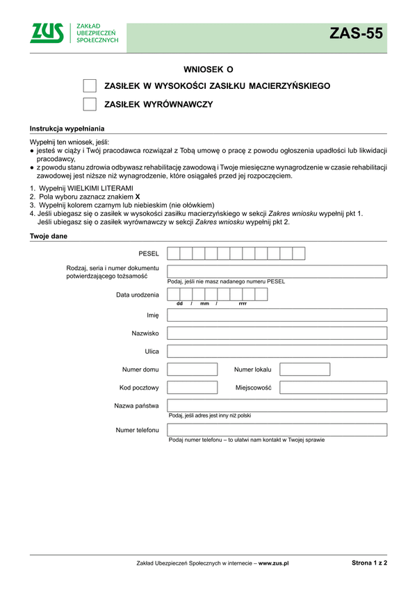 ZUS ZAS-55 (archiwalny) Wniosek o zasiłek w wysokości zasiłku macierzyńskiego i zasiłek wyrównawczy - z wysyłką do PUE ZUS