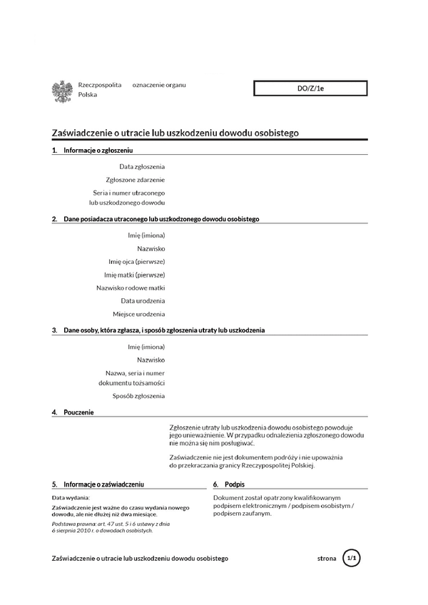 FZUDO (archiwalny) Zaświadczenie o utracie lub uszkodzeniu dowodu osobistego