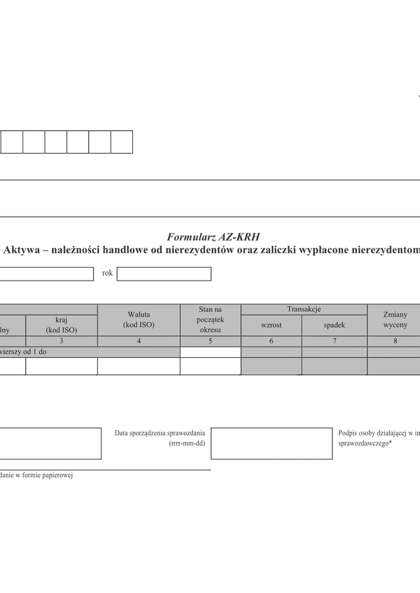 AZ-KRH Aktywa - należności handlowe od nierezydentów oraz zaliczki niewypłacone nierezydentom