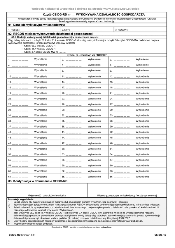 CEIDG-RD (1.8.9) (archiwalny) Wykonywana działalność gospodarcza