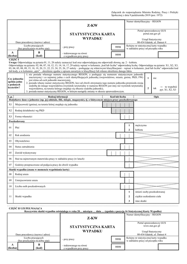 GUS Z-KW (archiwalny) Statystyczna karta wypadku