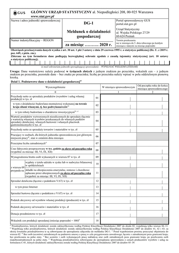 GUS DG-1 (2020) (archiwalny) Meldunek o działalności gospodarczej
