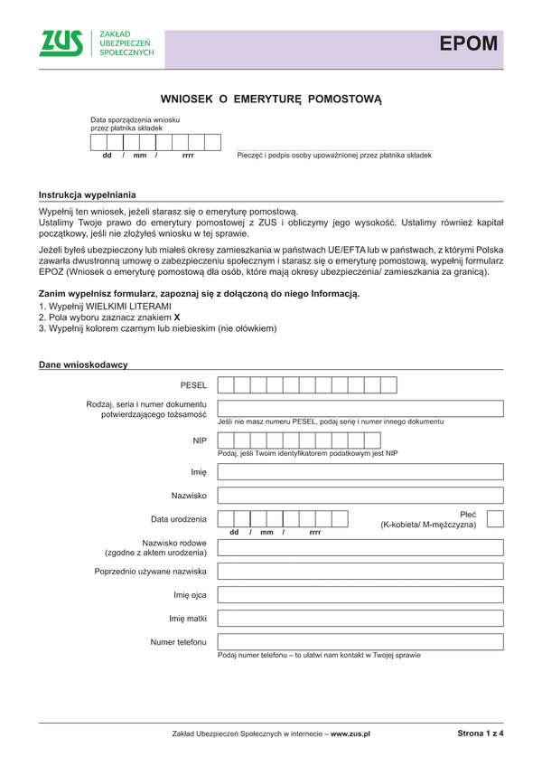 ZUS EPOM (archiwalny) Wniosek o emeryturę pomostową