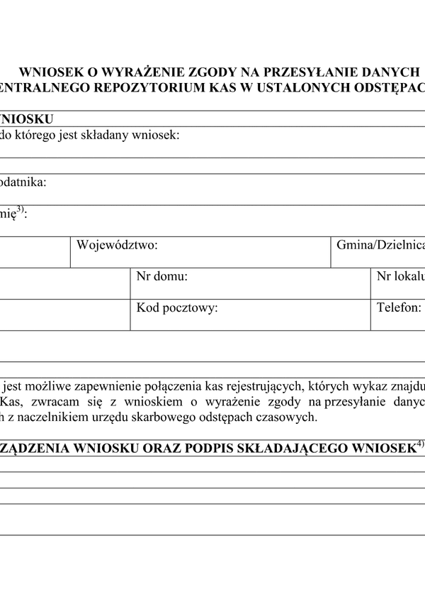 ZnPDzK Wniosek o wyrażenie zgody na przesyłanie danych z kasy do Centralnego Repozytorium Kas w ustalonych odstępach czasowych