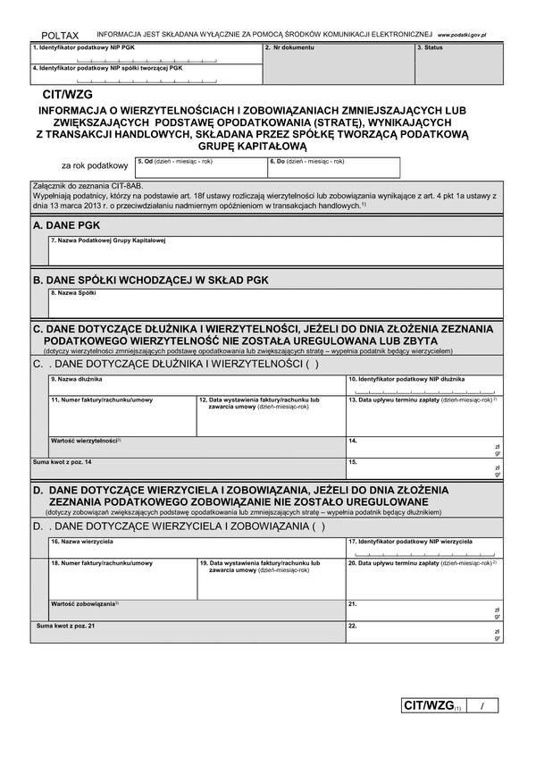 CIT/WZG (1) (archiwalny) Informacja o wierzytelnościach i zobowiązaniach zmniejszających lub zwiększających podstawę opodatkowania (stratę), wynikających z transakcji handlowych, składana przez spółkę tworzącą grupę kapitałow
