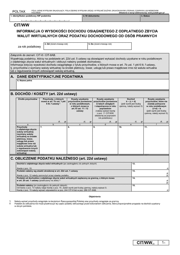 CIT/WW (2) (archiwalny) Informacja o wysokości dochodu osiągniętego z odpłatnego zbycia walut wirtualnych oraz podatku dochodowego od osób prawnych