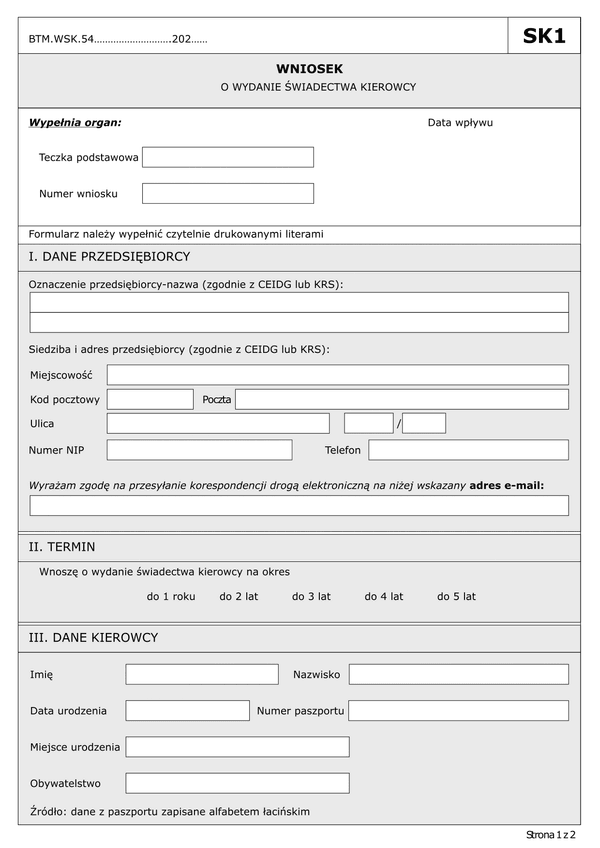 SK1 (archiwalny) Wniosek o wydanie świadectwa kierowcy