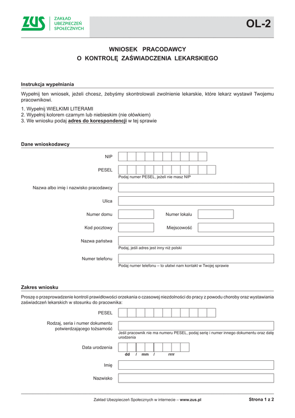 ZUS OL-2 (archiwalny) Wniosek pracodawcy o kontrolę zaświadczenia lekarskiego - wersja papierowa