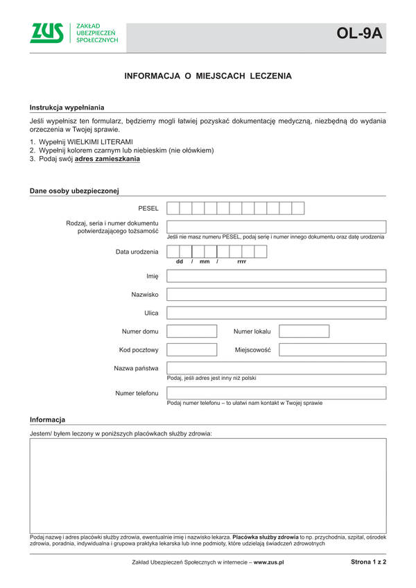 ZUS OL-9A Informacja o miejscach leczenia