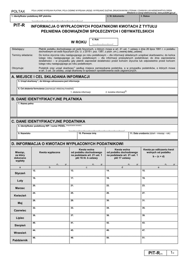 PIT-R (20) (archiwalny) (2020) Informacja o wypłaconych podatnikowi kwotach z tytułu pełnienia obowiązków społecznych i obywatelskich (PIT-R / PIT-RZ) (składana od 01.01.2020)