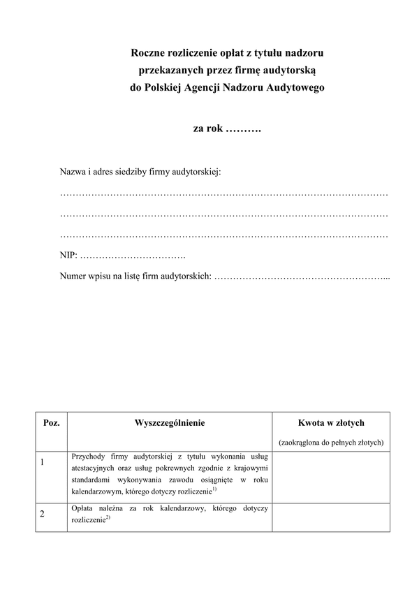 RRO PAN Roczne rozliczenie opłat z tytułu nadzoru przekazanych przez firmę audytorską do Polskiej Agencji Nadzoru Audytowego