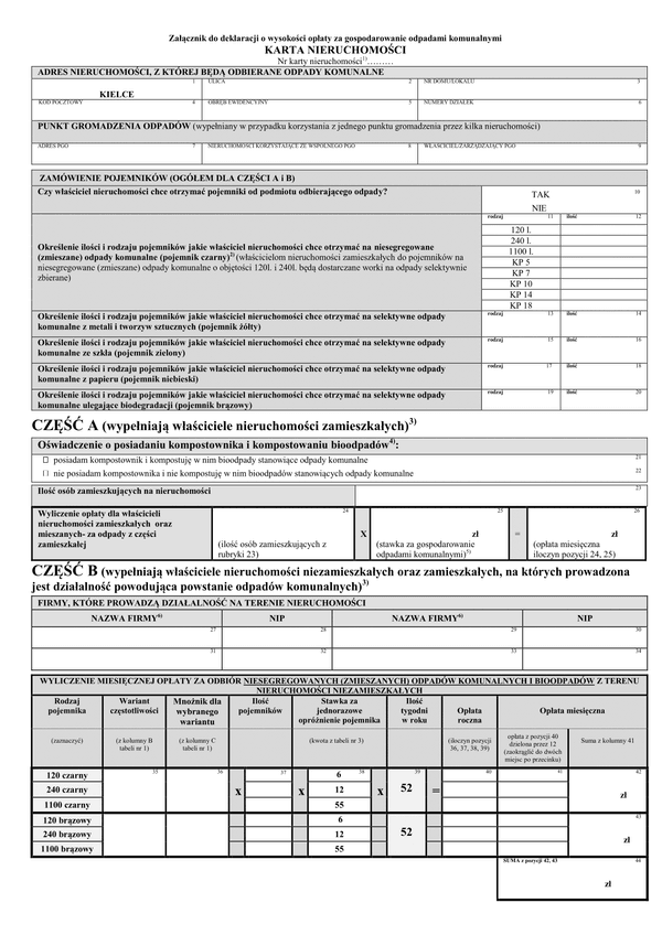 DWOOK-zal Karta nieruchomości - załącznik do deklaracji o wysokości opłaty za gospodarowanie odpadami komunalnymi - Kielce