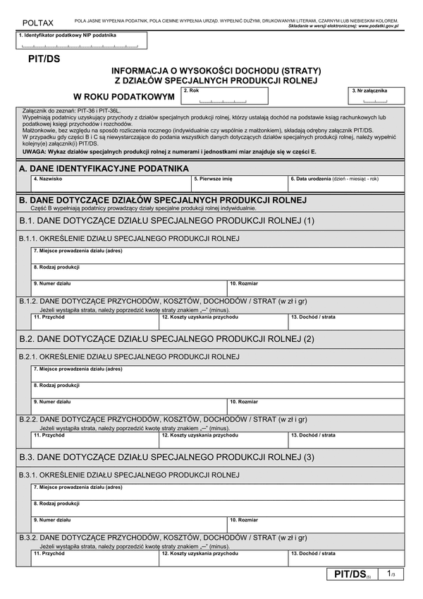 PIT/DS (5) (archiwalny) (2020-2021) Informacja o wysokości dochodu (straty) z działów specjalnych produkcji rolnej