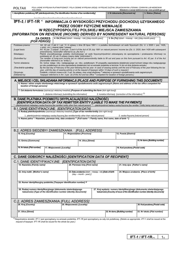 IFT-1R (16) (2020-2024) Informacja o wysokości przychodu (dochodu) uzyskanego przez osoby fizyczne niemające w Polsce miejsca zamieszkania 