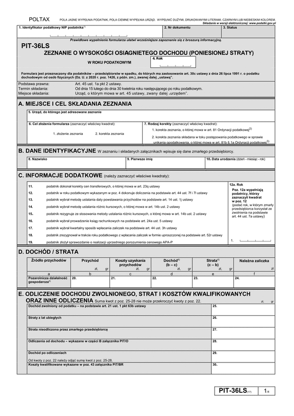 PIT-36LS (17) (archiwalny) (2020) Zeznanie o wysokości osiągniętego dochodu (poniesionej straty) 