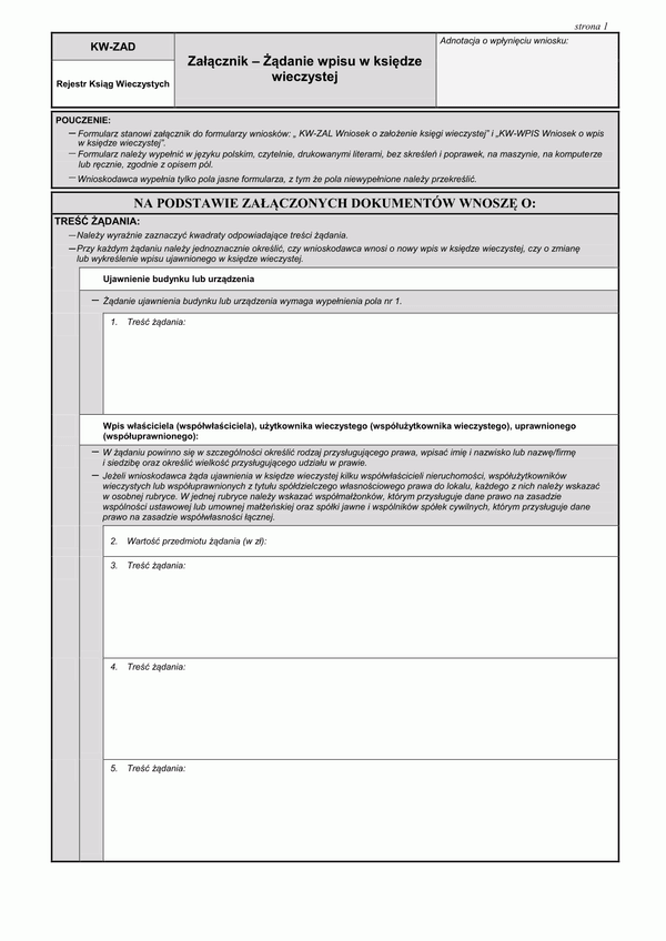 KW-ZAD  (archiwalny) Załącznik – Żądanie wpisu w księdze wieczystej