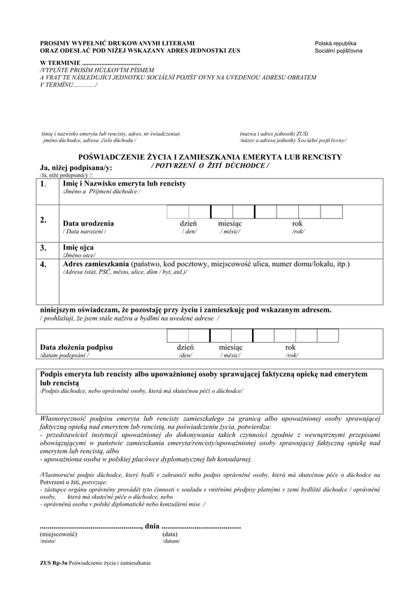 ZUS RP-3N (archiwalny) Poświadczenie życia i zamieszkania emeryta lub rencisty (w wersji polsko-czeskiej)