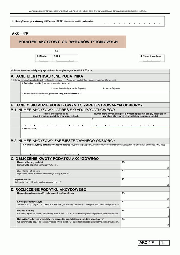 AKC-4/F (3) (od 2012) (archiwalny) Podatek akcyzowy od wyrobów tytoniowych