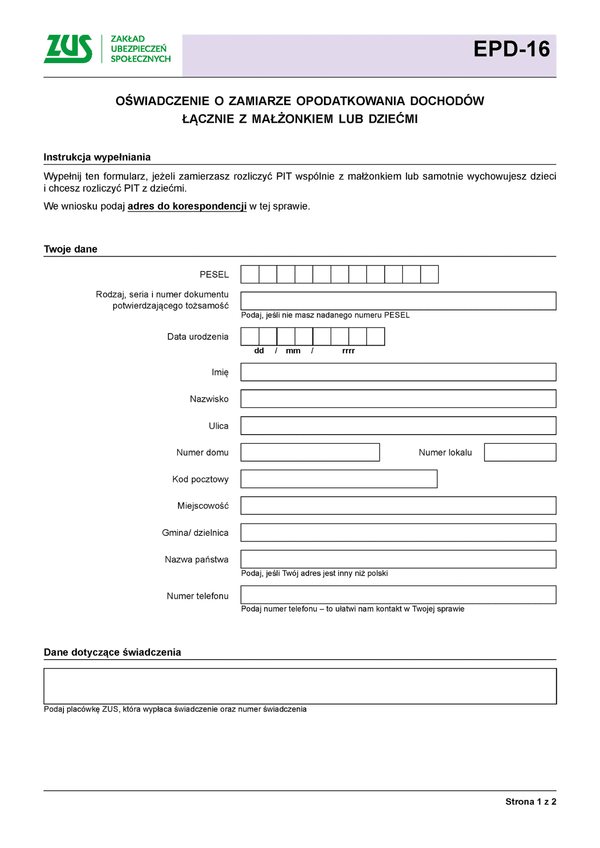 ZUS EPD-16 (archiwalny) Oświadczenie o zamiarze opodatkowania dochodów łącznie z małżonkiem lub dziećmi
