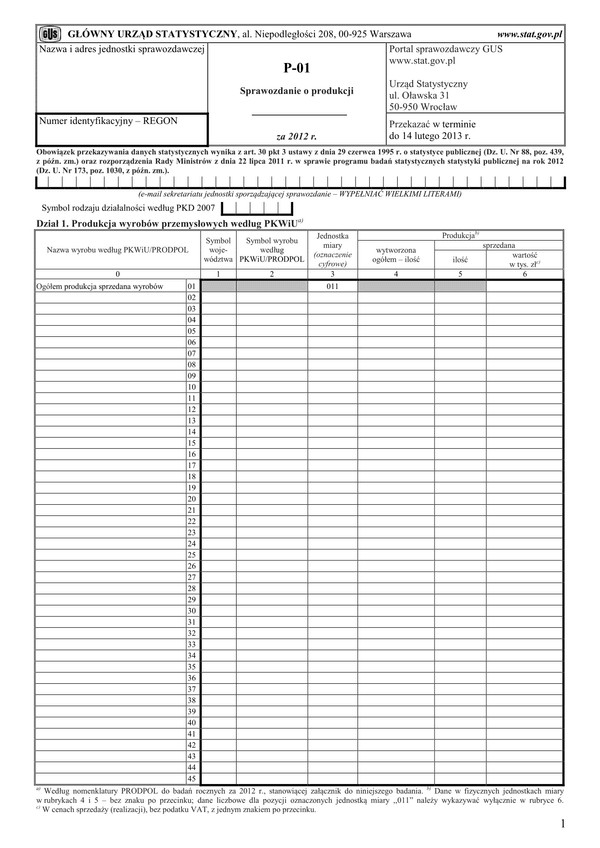 GUS P-01 (2012) (archiwalny) Sprawozdanie o produkcji za  2012 rok
