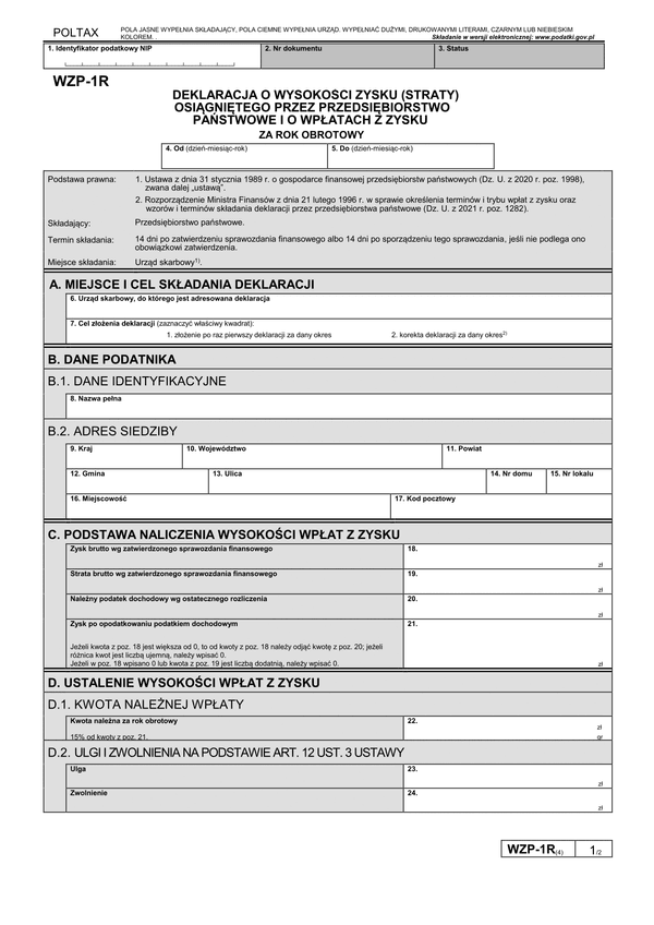 WZP-1R (4) Deklaracja o wysokości zysku (straty) osiągniętego przez przedsiębiorstwo państwowe i o wpłatach z zysku za rok obrotowy (od 14.07)