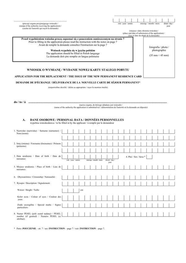 WoWNKPS Wniosek o wydanie/wymianę nowej karty pobytu stałego (UE)